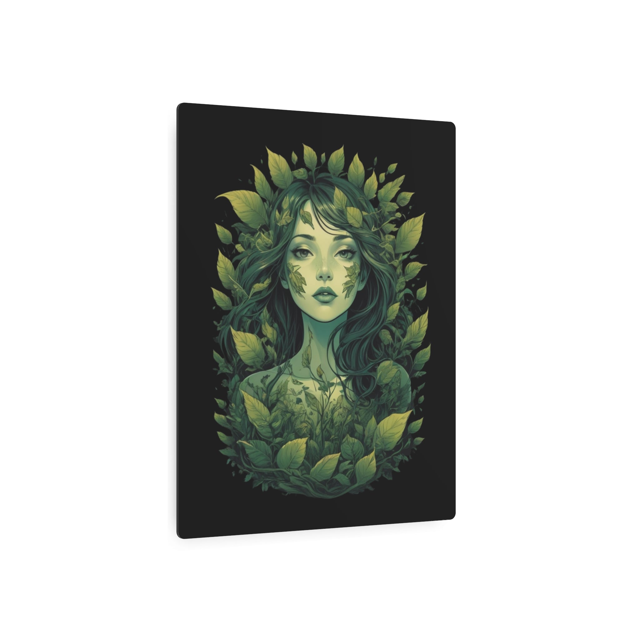 Green Forest Goddess Metal Art Sign | Botanical Woman Wall Decor