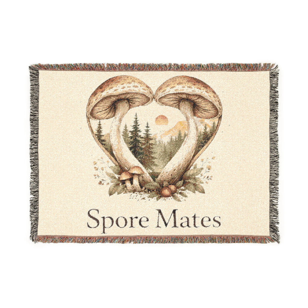 Mushroom Heart Spore Mates Woven Blanket | Woodland Mushroom Love Tapestry