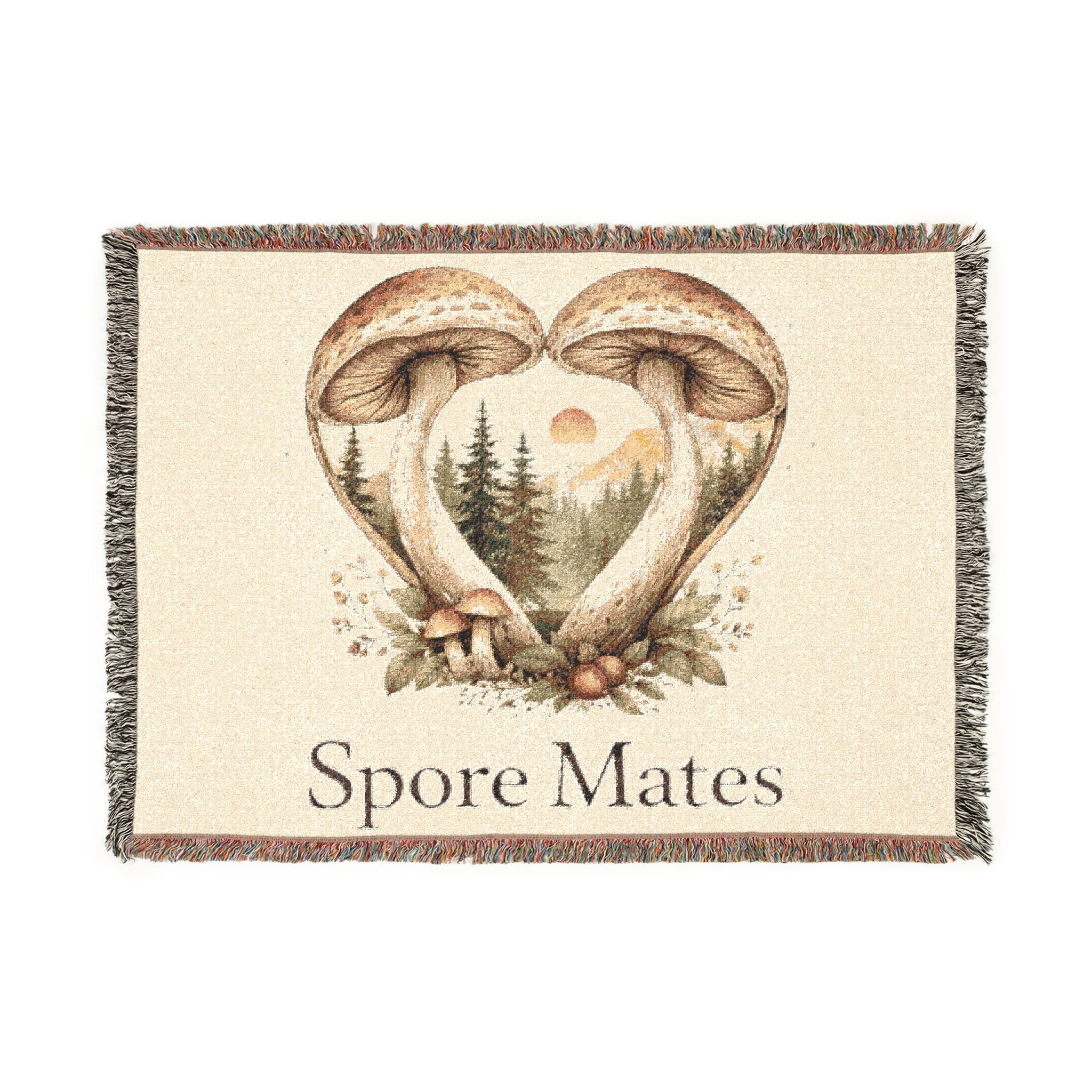 Mushroom Heart Spore Mates Woven Blanket | Woodland Mushroom Love Tapestry