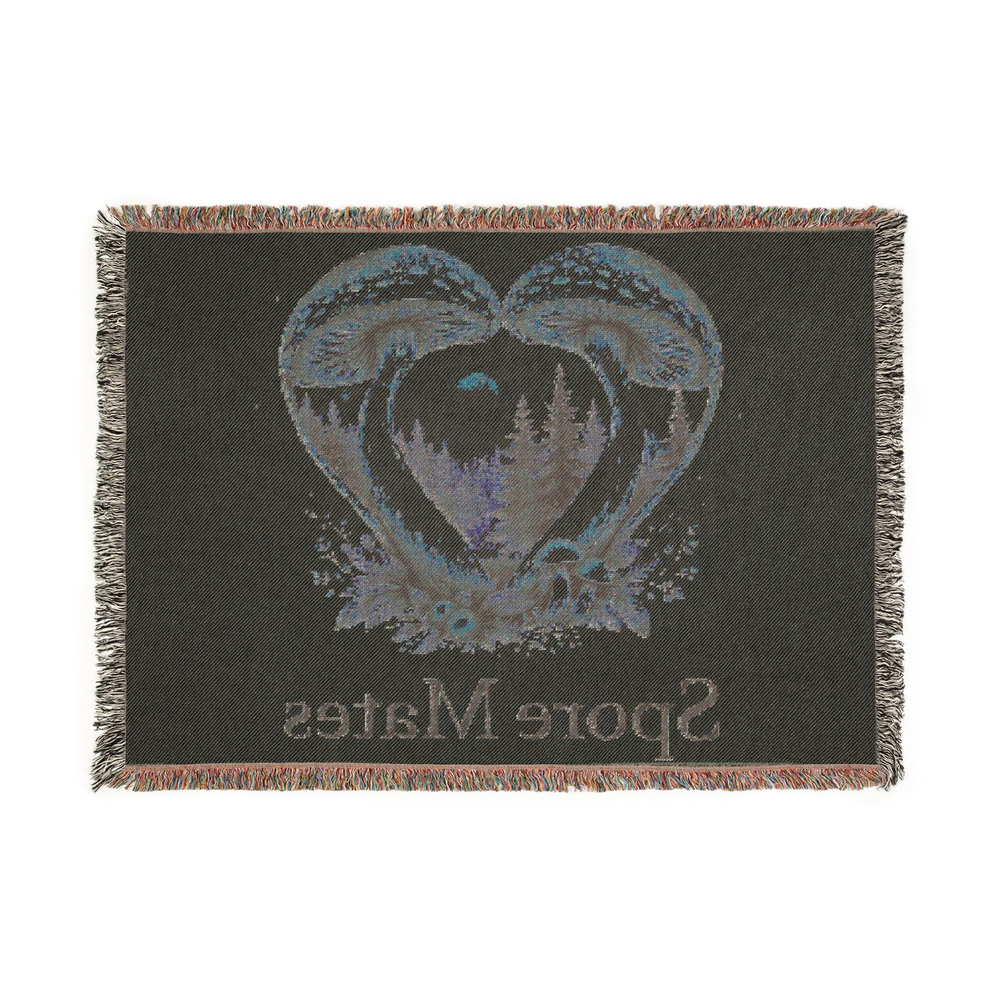 Mushroom Heart Spore Mates Woven Blanket | Woodland Mushroom Love Tapestry