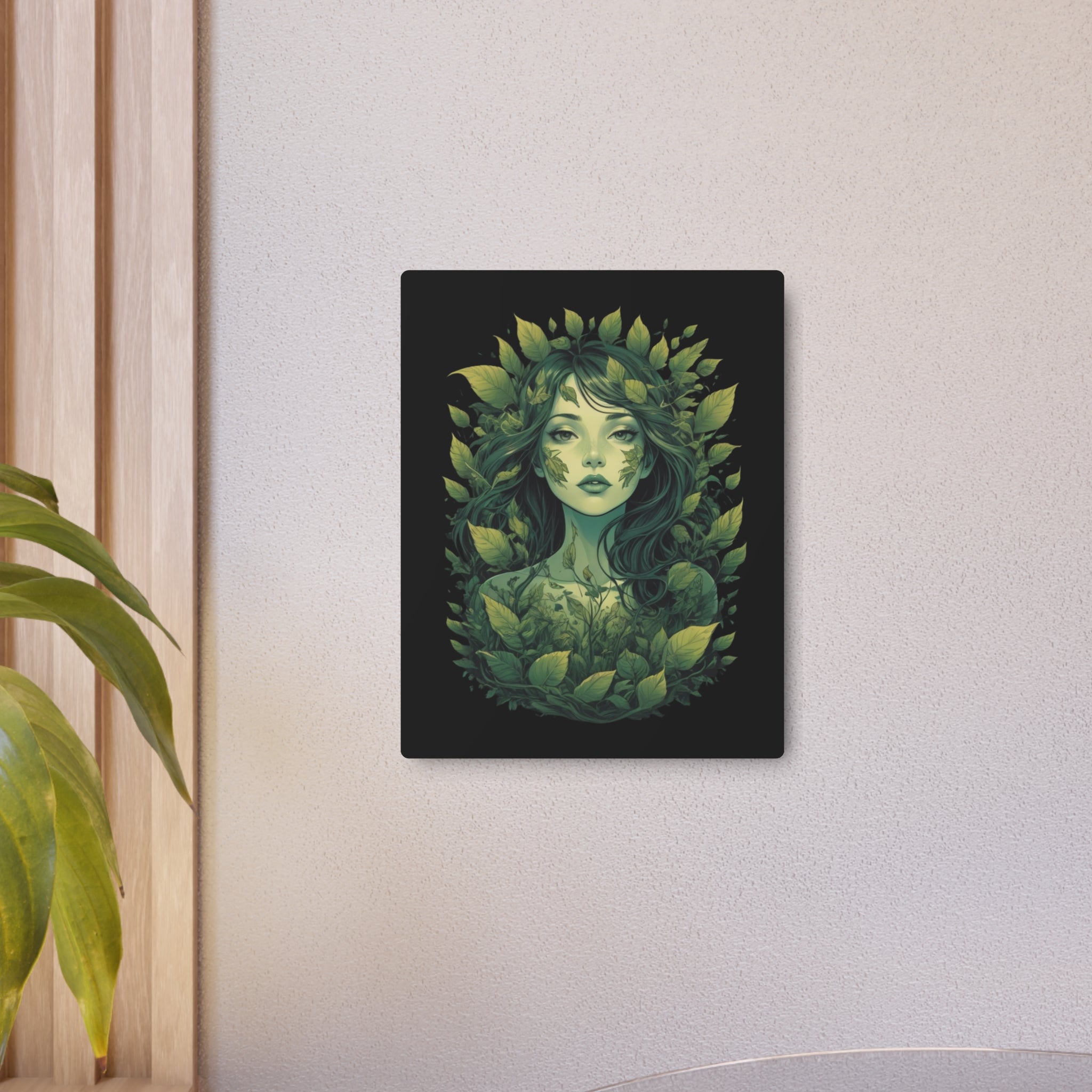 Green Forest Goddess Metal Art Sign | Botanical Woman Wall Decor