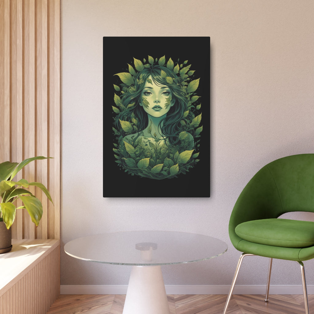 Green Forest Goddess Metal Art Sign | Botanical Woman Wall Decor