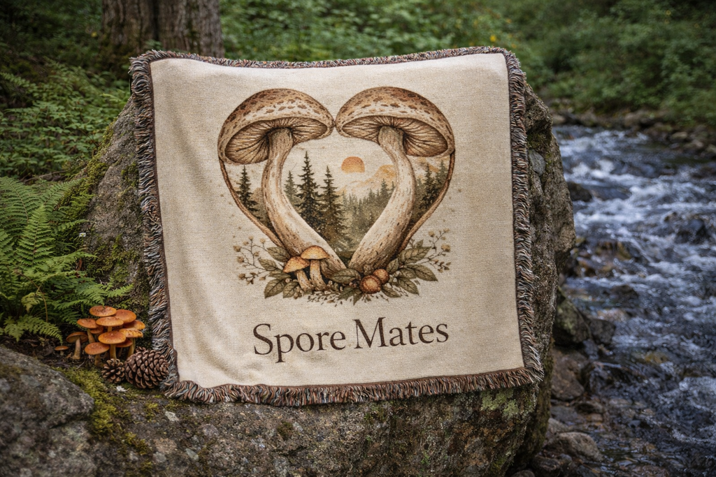 Mushroom Heart Spore Mates Woven Blanket | Woodland Mushroom Love Tapestry