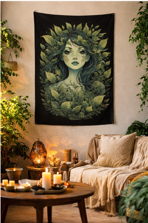 Green Goddess Botanical Woven Tapestry | Dark Forest Wall Art | Nature Spirit Cottagecore Decor | Moody Plant Aesthetic