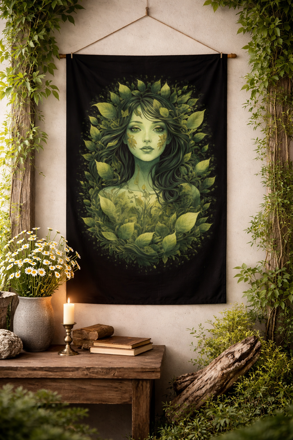 Green Goddess Botanical Woven Tapestry | Dark Forest Wall Art | Nature Spirit Cottagecore Decor | Moody Plant Aesthetic