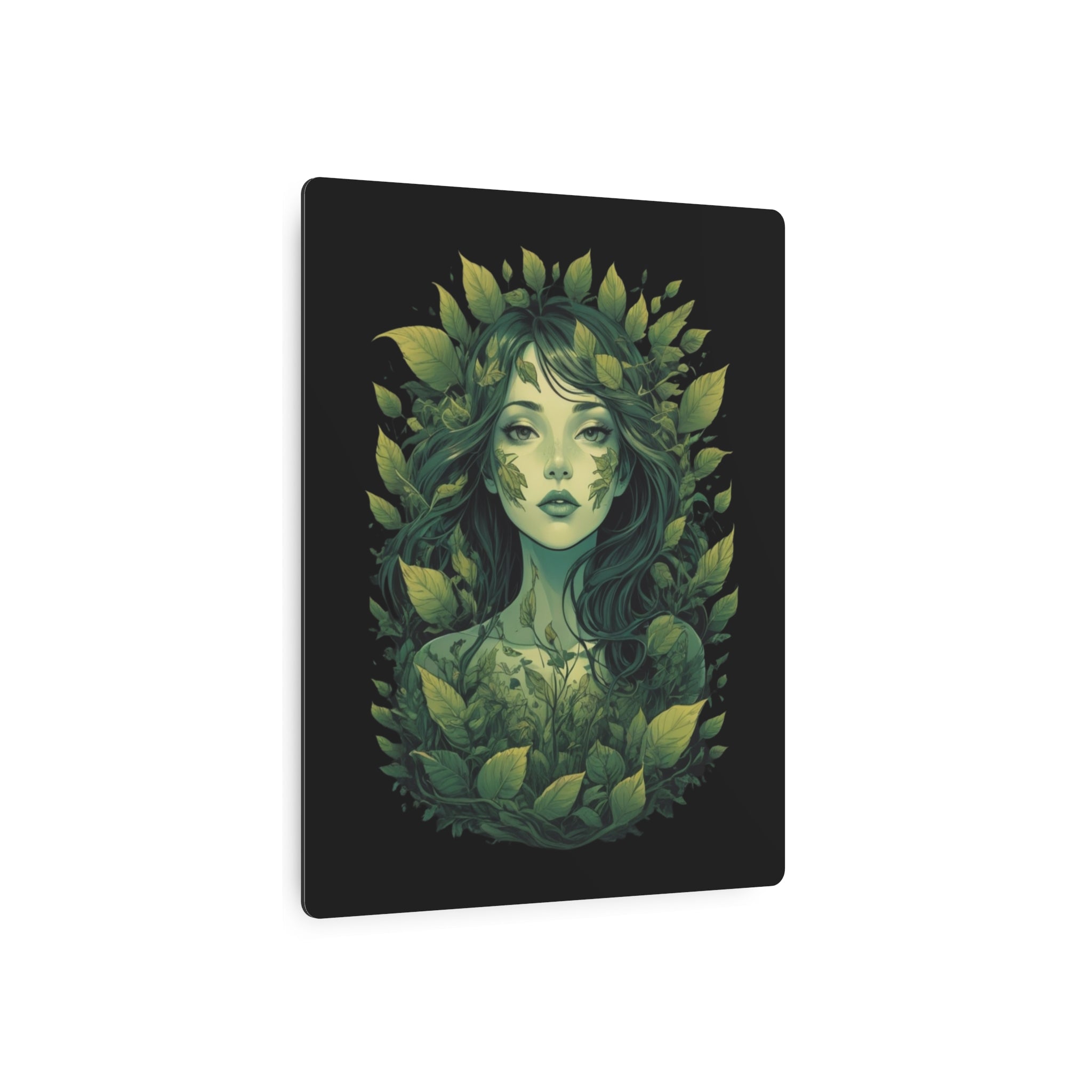 Green Forest Goddess Metal Art Sign | Botanical Woman Wall Decor