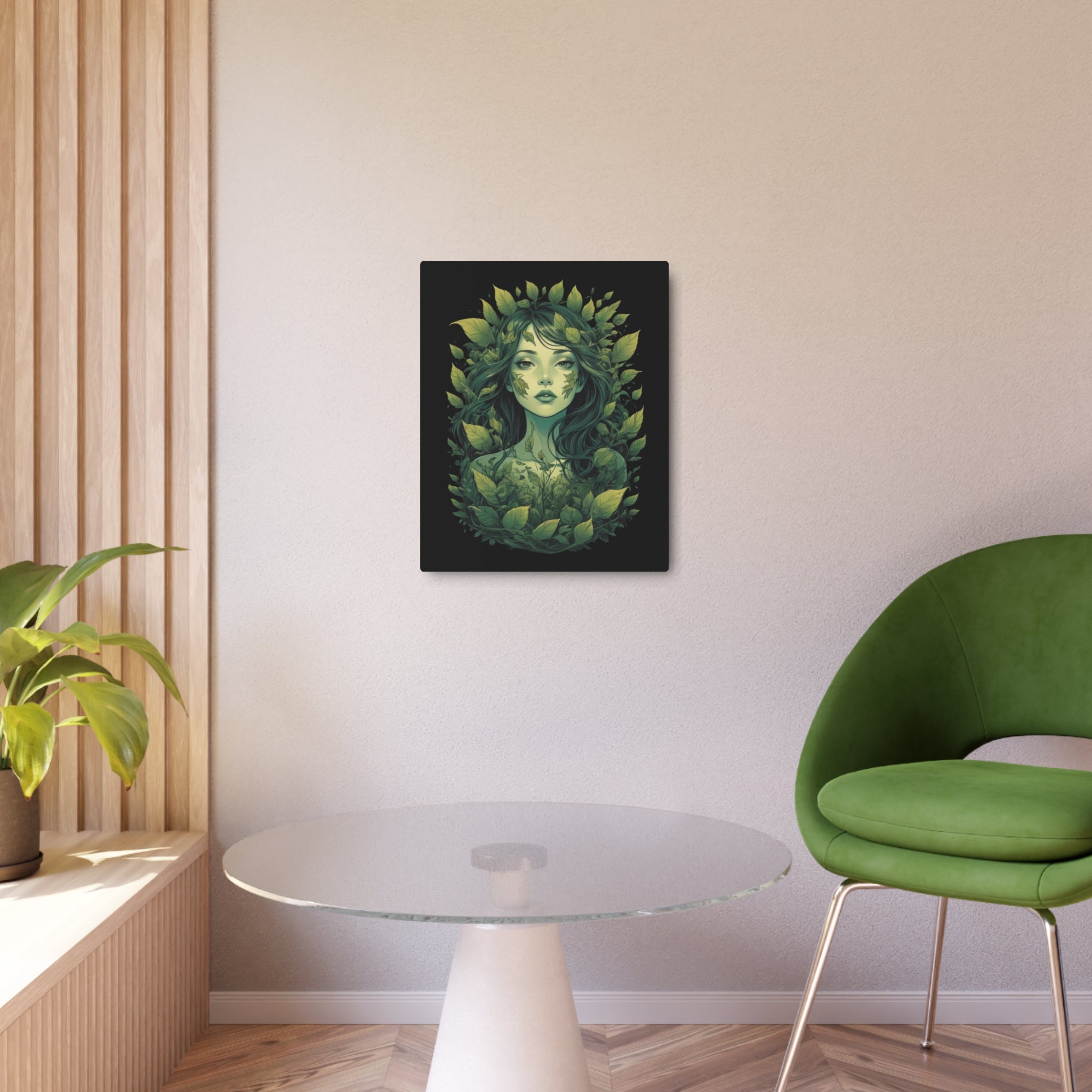 Green Forest Goddess Metal Art Sign | Botanical Woman Wall Decor