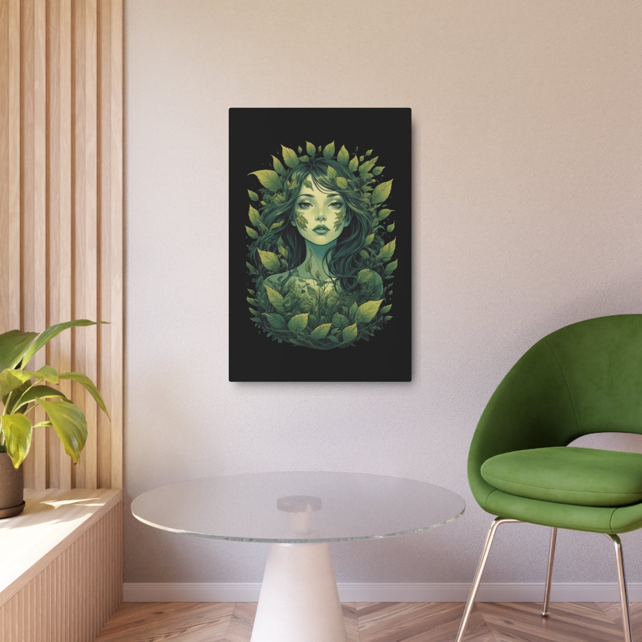 Green Forest Goddess Metal Art Sign | Botanical Woman Wall Decor