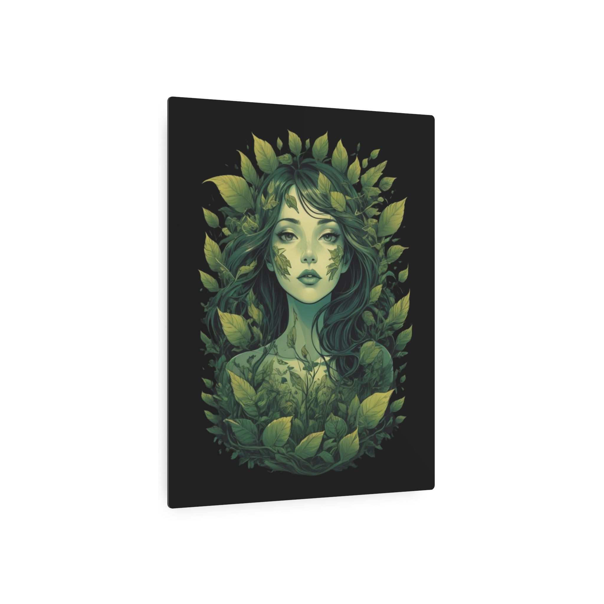 Green Forest Goddess Metal Art Sign | Botanical Woman Wall Decor
